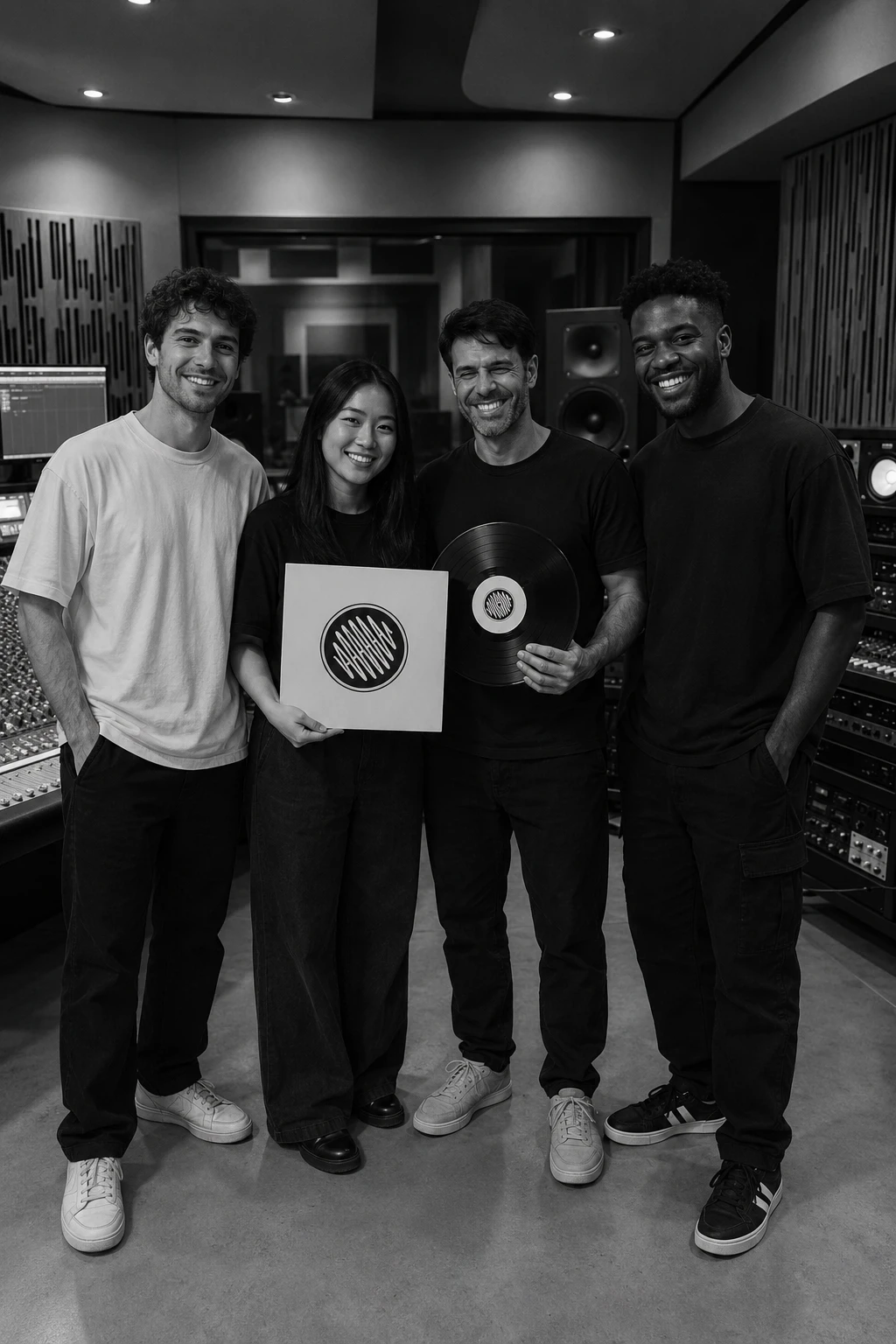 Artists with vinyl record in studio